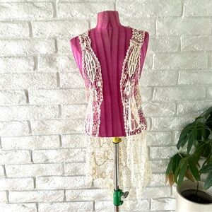 Cream Lace Crochet Long Vest